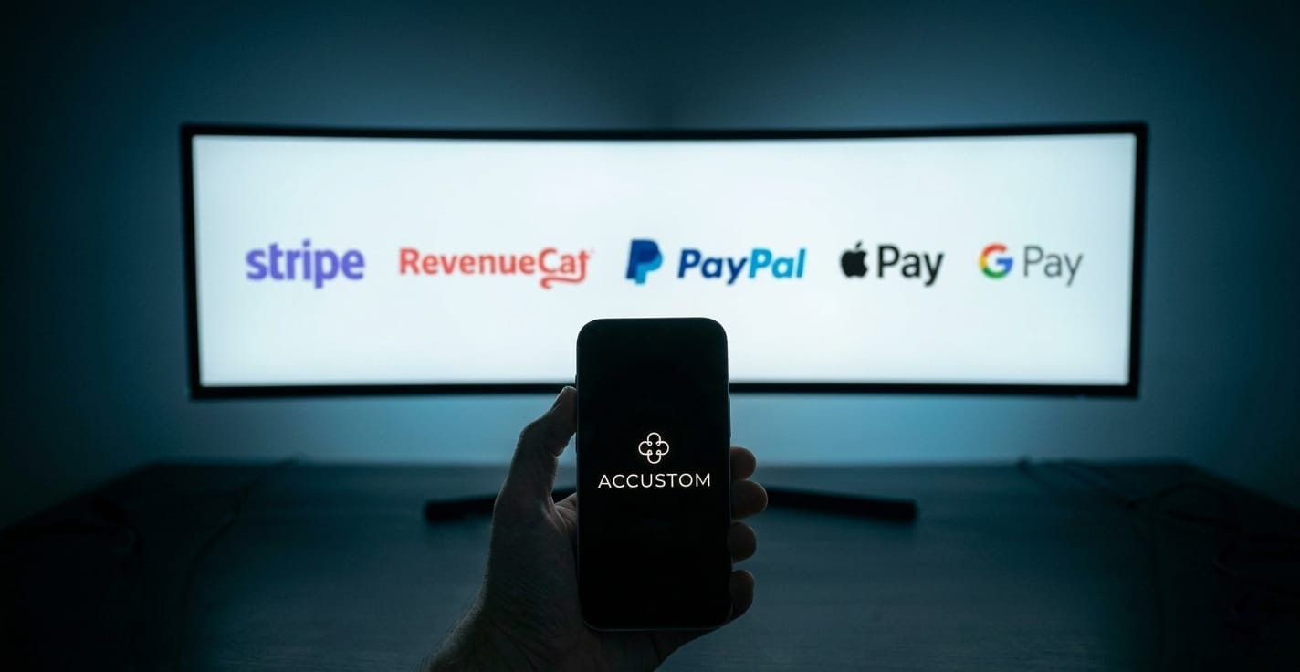 A phone showing the Accustom logo held up in front of a screen displaying the Stripe, RevenueCat, PayPal, Apple Pay, and Google Pay logos