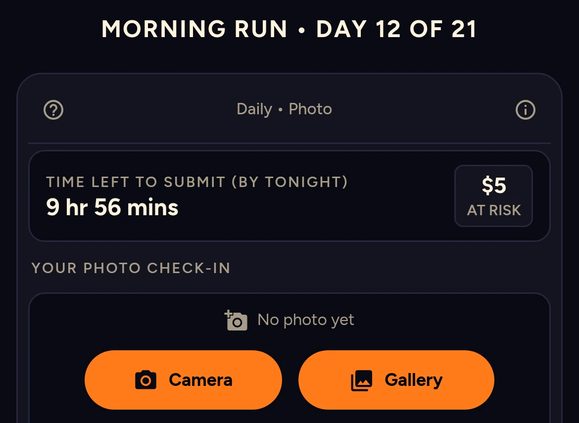 Day 12 of 21 before the check-in is sent: time left to submit, $5 at risk, Camera and Gallery buttons.