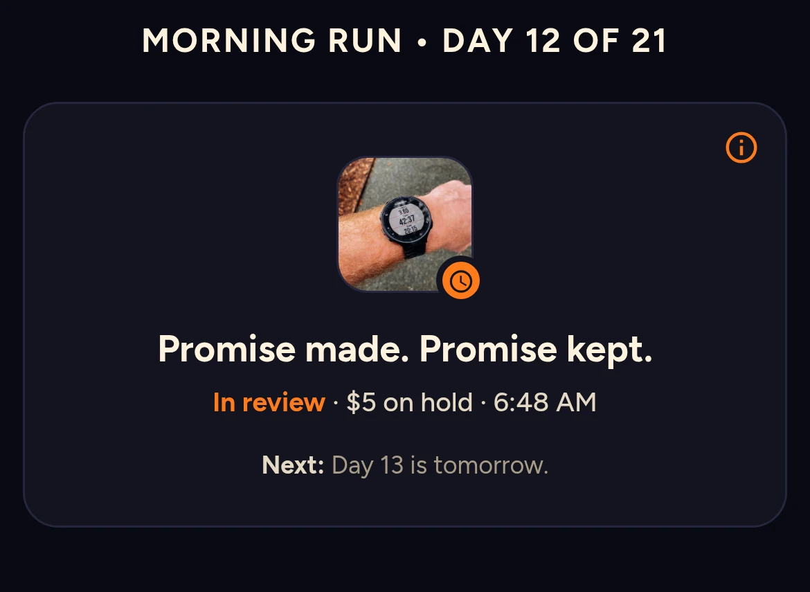 The same day after a photo is sent: In review, $5 on hold.