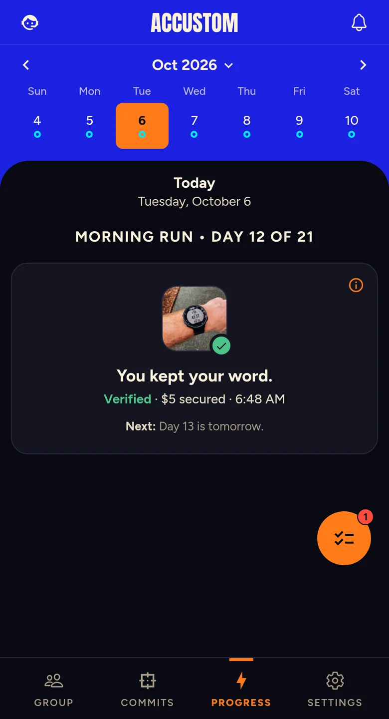 The app on day 12 of a 21-day Morning run commit. Today's check-in is verified and its $5 is secured.