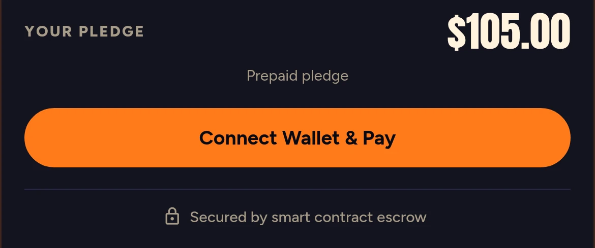 The payment step: your pledge, $105.00, a Connect Wallet and Pay button, and the line Secured by smart contract escrow.